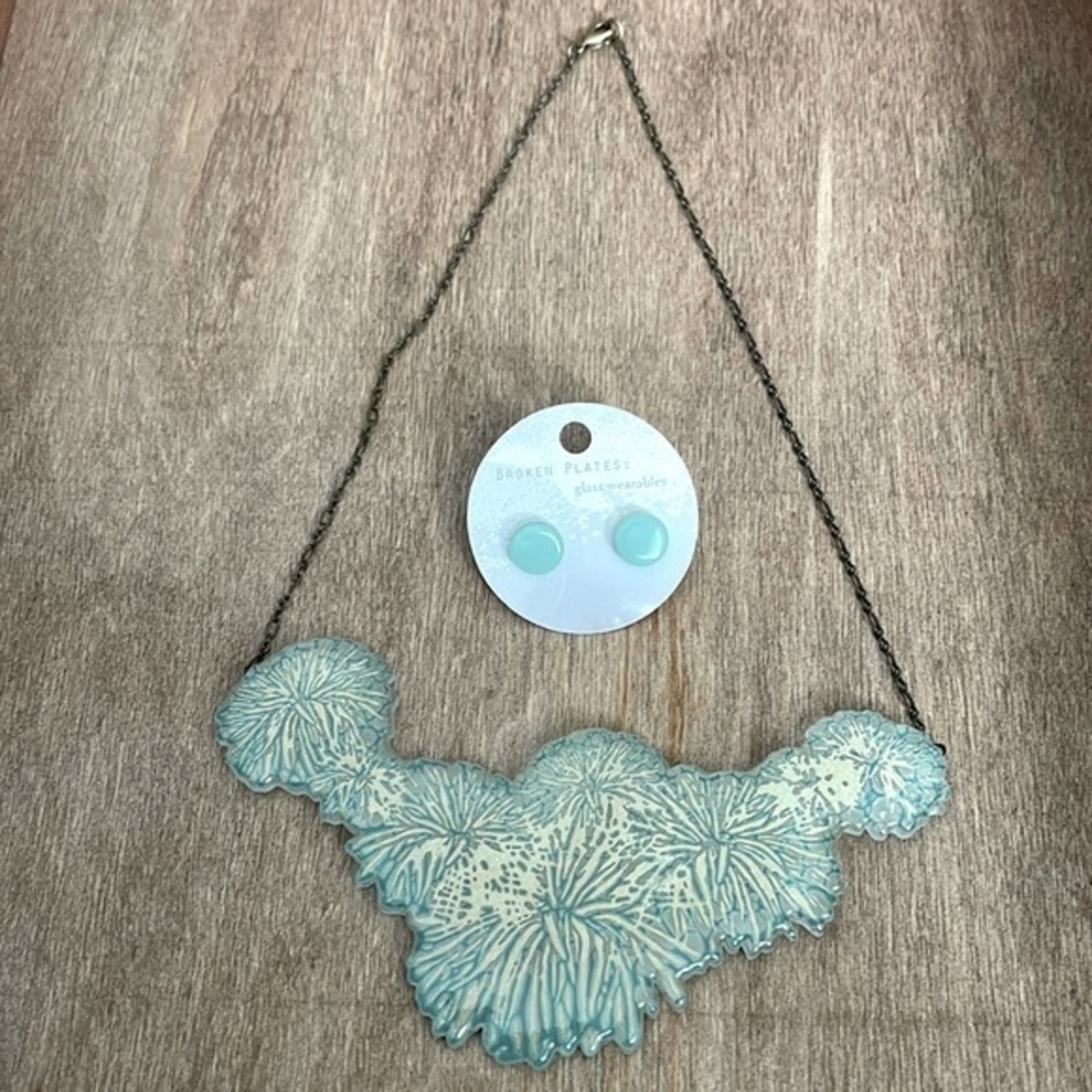 Large Robin Egg Blue Flower Cluster w Antigued Brass Chain & Lg Circle Earrings